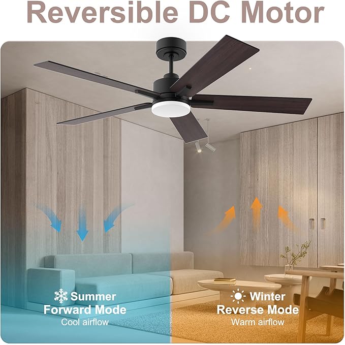 52” Smart Ceiling Fan with Lights Remote,Ultra Silent DC Motor,Control via Alexa Google Voice App Wifi,Outdoor Indoor Modern Ceiling Fans for Bedroom Patio Porch,Dimmable,Black Walnut Brown