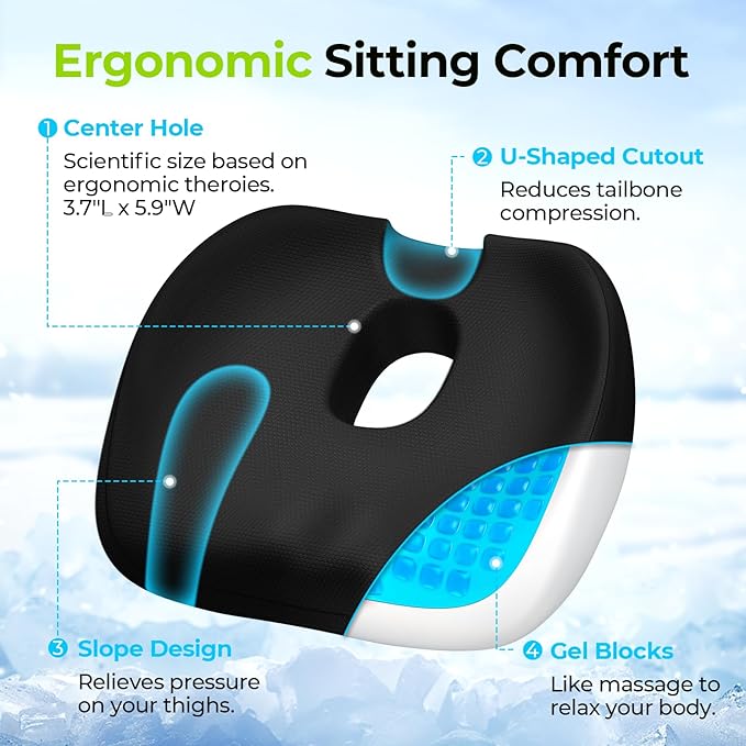 AUVON Cool Donut Pillow with Gel Layer & Scientific Center Hole, Hemorrhoid Pillow with U-Shaped Cutout for Tailbone Pain Relief, Donut Cushion for Long Sitting, Sciatica, Pregnancy, Post-Surgery
