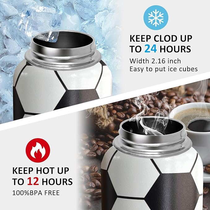 32 oz Soccer Water Bottle Insulated Vacuum Stainless Steel Sports Water Bottle with 2 Lids (Straw and Spout Lid) for Gym Camping Hiking