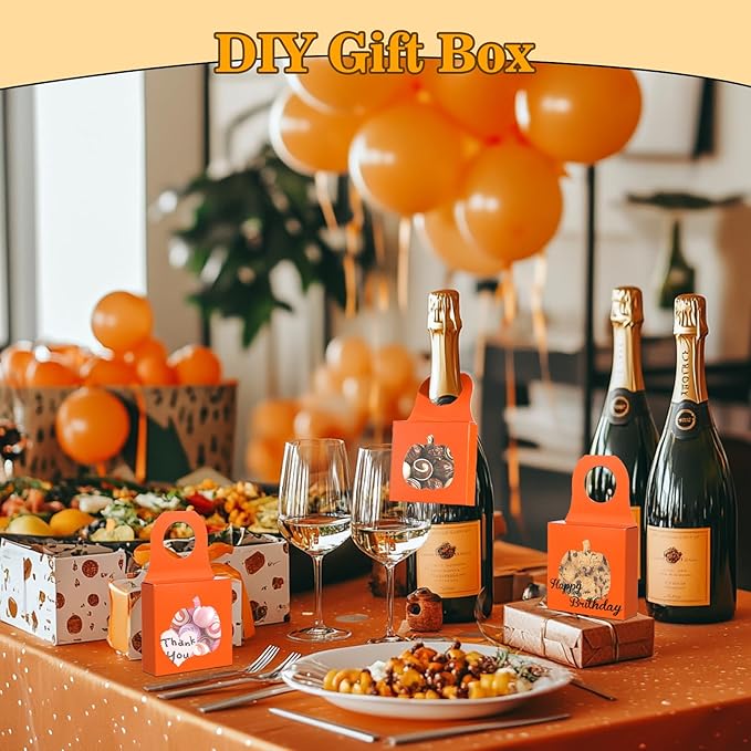 Megitzuu 30PCS Wine Bottle Box with Window, Kraft Paper Wine Boxes for Halloween Gifts Hanging Pumpkin Treat Box Mini Charcuterie Boxes Wine Bottles Gift Bags Goodies Candy Box Party Favor (Orange)