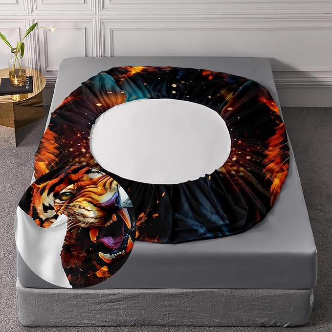 AILONEN Tiger Fitted Sheet Set Twin XL Size for Boys, Safari Tiger Bed Sheet Set for Kids Teen,3 Pieces Wildlife Bedding Flame Animal Tiger Print Fitted Sheet with 2 Pillowcases