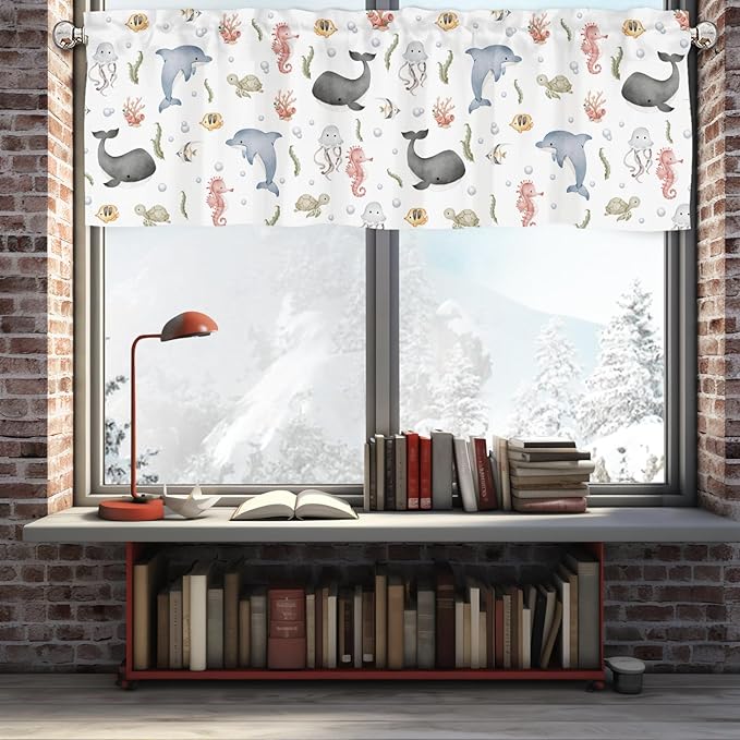 Sea Animals Valances 54''x18'' Whale Dolphin Jellyfish Sea Horse Turtle Fish Coral Kids Toddler Baby Nursery Bedroom Decor Drapes Rod Pocket Short Curtains for Living Room Bathroom Kitchen 1 Pack