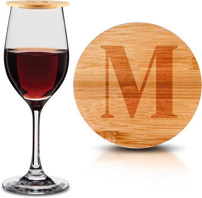 Personalized Wine Glass Charcuterie Topper - Custom Laser Engraved Initial Bamboo Wine Glass Topper Stopper Coasters Plate ID Identification Wine Glass Charcuterie Board Topper (Letter M)