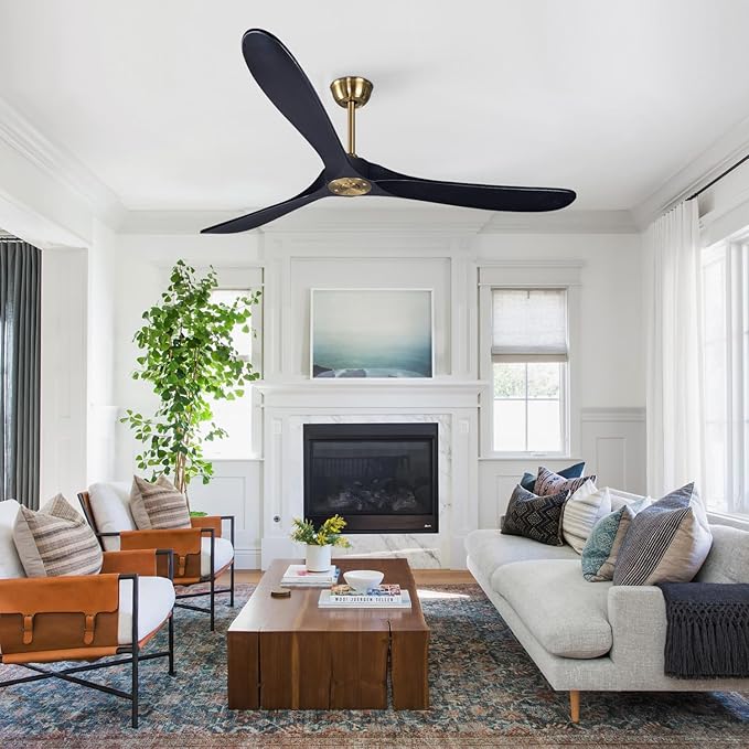 Bigzone 70" Black and Gold Ceiling Fan, Quiet DC Motor, Energy-Saving, 3 Balsa Wood Blades, Indoor/Outdoor Use