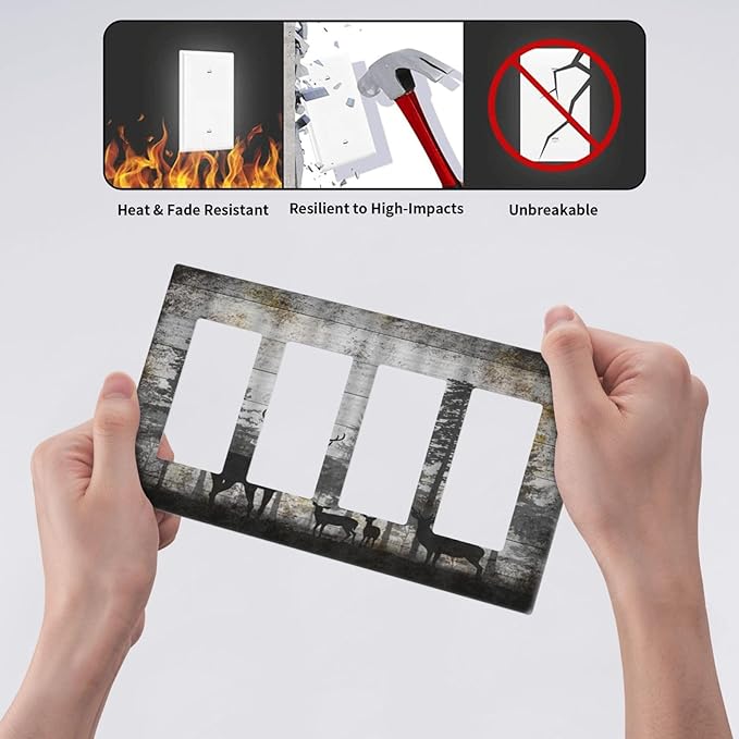 Rustic Deer Forest Vintage Wood Board 4 Gang Rocker Decora Boho Light Switch Cover Decorative Country Unique Outlet Covers Wall Plate Electrical Faceplate Switchplate GFCI for Farmhouse