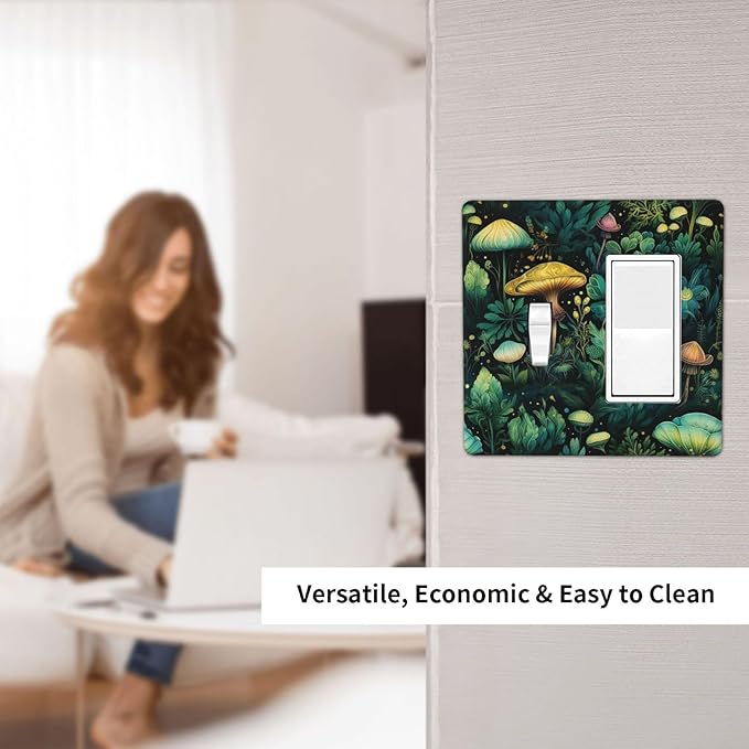 Green Dark Forest Mystical Mushroom 2 Gang Single Toggle Rocker Combination Light Switch Covers Wall Plate Cover Electrical Faceplate Decorative Switchplate for Country Bathroom Bedroom Decor