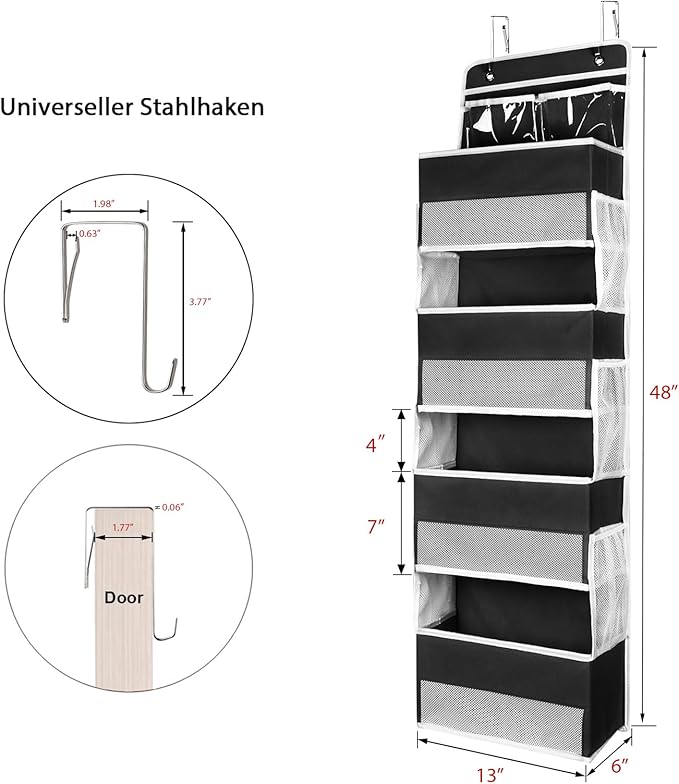 Univivi Over the Door Organizer, Door Hanging Organizer Nursery Door Storage with 4 Large Compartments and 2 Small PVC Pockets 6 Side Pockets for Bathroom,Cosmetics and Nursery Baby Essential - Black