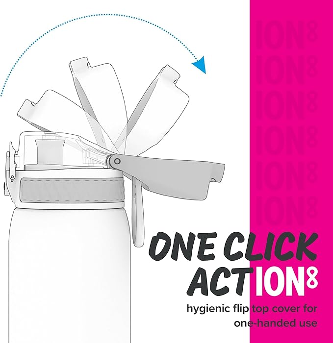 Ion8 Steel Water Bottle, 600 ml/20 oz, Leak Proof, Easy to Open, Secure Lock, Dishwasher Safe, Hygienic Flip Cover, Fits Cup Holders, Carry Handle, Durable, Carbon Neutral, Metallic Purple