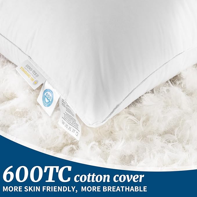 Canadian Luxury Goose Down Pillow Queen Size - 900 Fill Power, 600 TC Cotton Shell- Ultra Soft and Comfort Sleep Pillows - Bed Pillows for Back, Stomach, Side Sleeper(White,Queen(Pack of 1))