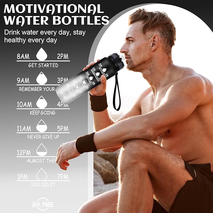 Water Bottle 32 oz, Motivational Sports Water Bottles Tritan BPA Free Water Bottle No Straw With Time Marker, Wide Mouth Leakproof Water Bottle with Strap for Gym Fitness Hiking Bike Camping - Black
