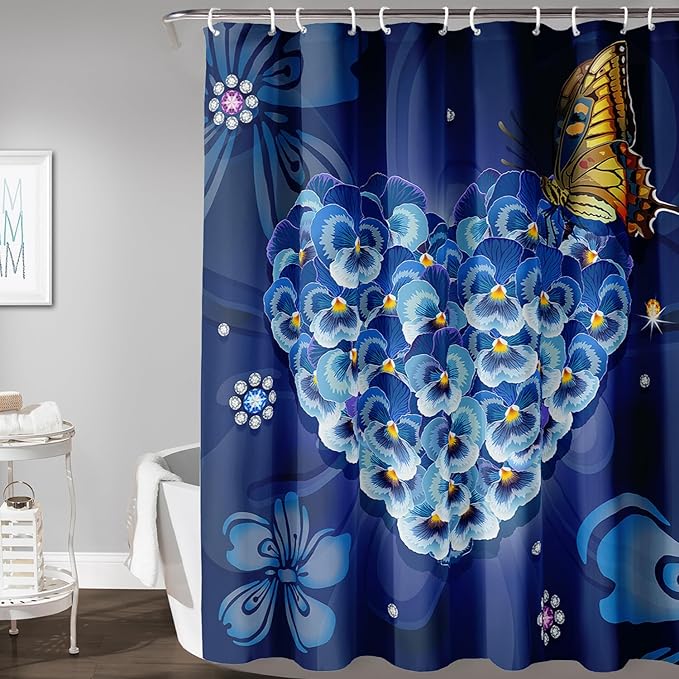 AILONEN Blue Floral Shower Curtain for Girls,Beautiful Butterfly Heart Flower Bath Curtain for Bathroom,Blue Print Polyester Waterproof with 12 Plastic Hooks,72" W*84" H Blue
