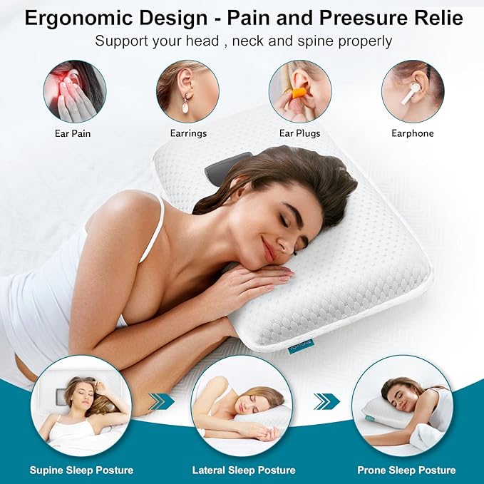 Ear Piercing Pillow with 2 Holes for Ear Pain CNH Side Sleepers, Adjustable Memory Foam Ear Pillow for Ear Discomfor, Earrings, Noise-Canceling Earplugs, Headphones, Enjoy Sound Sleep