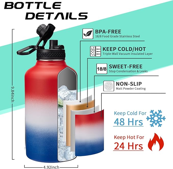 Half-Gallon Vacuum Water-Bottle with Sleeve, Paracord Handle, Straw & Spout Lid, 64oz Stainless Steel Insulated Water Jug, Cold-48h & Hot-24h Triple-Wall Metal Vacuum Flasks for Sports Hiking Camping