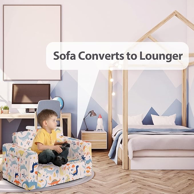 Tiita Toddler Chairs Sofa, 2-in-1 Kids Sofa Couch, Convertible Children Couch to Lounger, Flip Out Kids Sofa Chair, Toddler Armrest Chair Bed for Girl or Boy, White Dinosaur