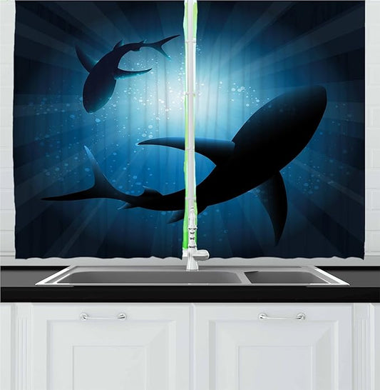 Ambesonne Shark Kitchen Curtains, Silhouette of The Fishes Swimming at Twilight Night Moon Mystic Sea Scenery, Window Drapes 2 Panel Set for Kitchen Cafe Decor, 55" x 24", Aqua Blue