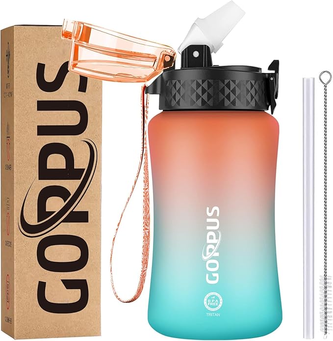GOPPUS Kids Water Bottle with Straw Spout Lid 10pcs Stickers 12 oz Leak-proof BPA Free Motivational Time Marker Tritan Plastic Water Bottles for Girls Boys School Sports