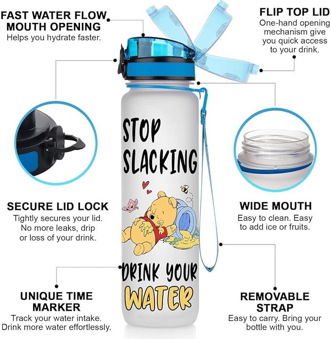 Winnie Pooh 32 Oz Water Track Bottle, Stop Slacking Drink Your Water Water Bottle With Time Marker, Pooh Bear Motivational Insulated Water Bottle, Gifts For Family Friend