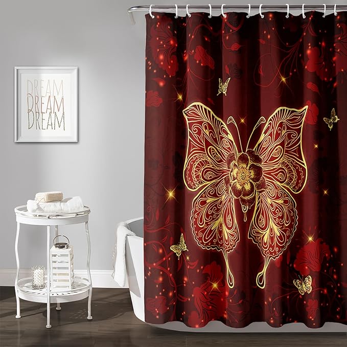 AILONEN Rose Butterfly Waterproof Curtain,Red and Gold Butterfly Floral Bath Curtain,Modern Chic Flower Polyester Fabric Red Curtain with 12 Plastic Hooks, 36" W x 72" H