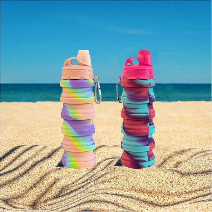 Collapsible Water Bottles 2 pack Travel Water Bottle Portable Hiking Water Bottle with Leak proof 500ML Reusable BPA Free Silicone Water Bottles. (Pink+Rose Red)