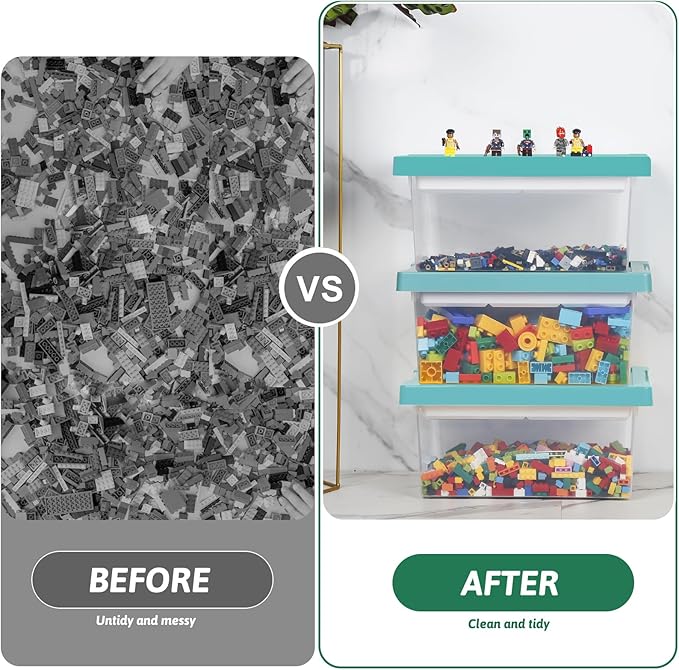 loobuu Plastic Storage Bins with Lids - 1 Set Stackable Arts Crafts Organizer Box with Removable Divided Tray &Compatible Building Baseplate,Toy Chest Containers for Bricks -Green(14.37"x9.64"x6.69")