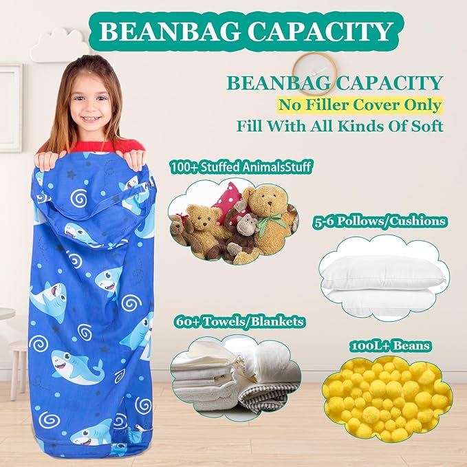 Stuffed Animal Bean Bag Storage Chair for Kids Cover Only (No Filler), Organize, Sit, Play & Boxing, 100% Cotton Canvas Washable, Ultra Soft Cylinder Long Vertical Zipper Best Gift for Child