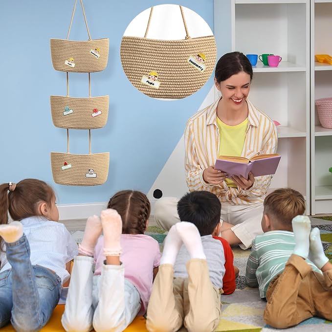 TeoKJ Over the Door Hanging Basket, 3-Tier Woven Cotton Wall-Mounted Storage Organizer Bag Decorative with Self Adhesive Write-On Sticker Hanging Nursery Baskets - Jute