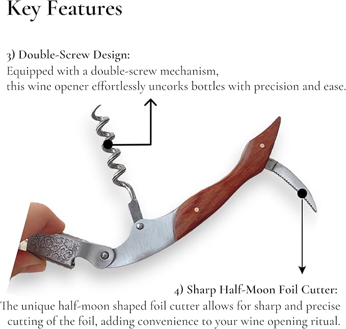 Professional Wood Grapevine Pattern Sommelier Knife With Navy Leather Wine Keyring with Ergonomic Wood Grip, Beer Bottle Opener Foil Cutter Waiters Corkscrew Wine Opener