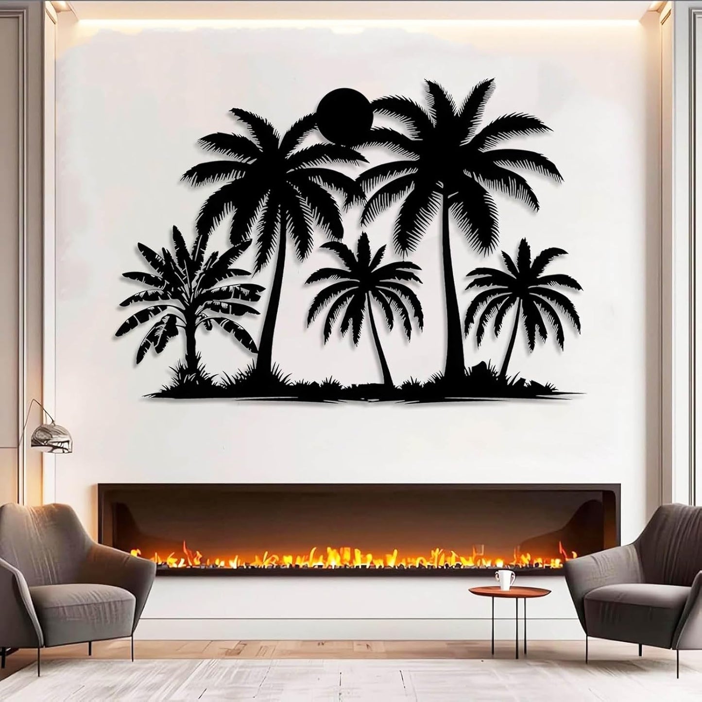 Tuglona Metal Palm Tree with Sunset Wall Decor, Tropical Palm Tree Metal Wall Art, Tropical Wall Decor, Sun Wall Art, Beach Wall Decoration, Coastal Trees Wall Hanging (White, 41"x29"/105x73cm)