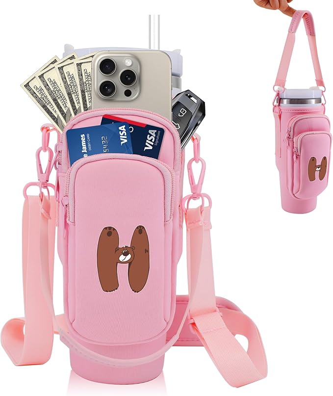 Water Bottle Carrier Bag with Phone Pocket for Stanley 40 oz Tumbler Neoprene Water Bottle Holder Pouch with Adjustable Strap Bollus with Straw Cover & Carabiner for Stanley Cup Accessories