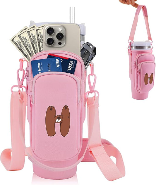 Water Bottle Carrier Bag with Phone Pocket for Stanley 40 oz Tumbler Neoprene Water Bottle Holder Pouch with Adjustable Strap Bollus with Straw Cover & Carabiner for Stanley Cup Accessories