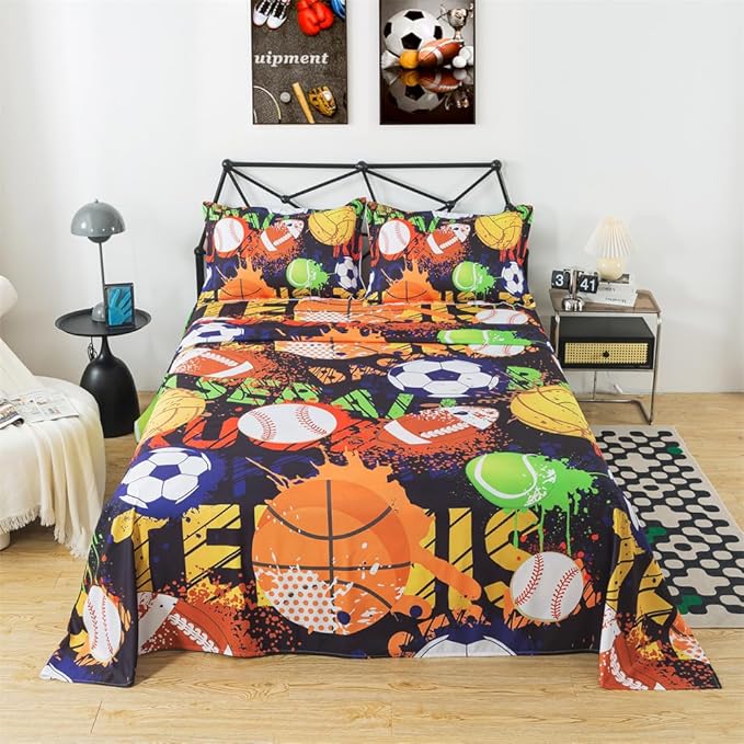 qjmiaofang Basketball Sheets Full Size Sports Sheets for Kids Boys American Football Fitted Sheet Sport Sheet Set 4Pieces Baseball and Soccer Flat Sheet 1 Fitted Sheet 1 Flat Sheet 2 Pillowcases