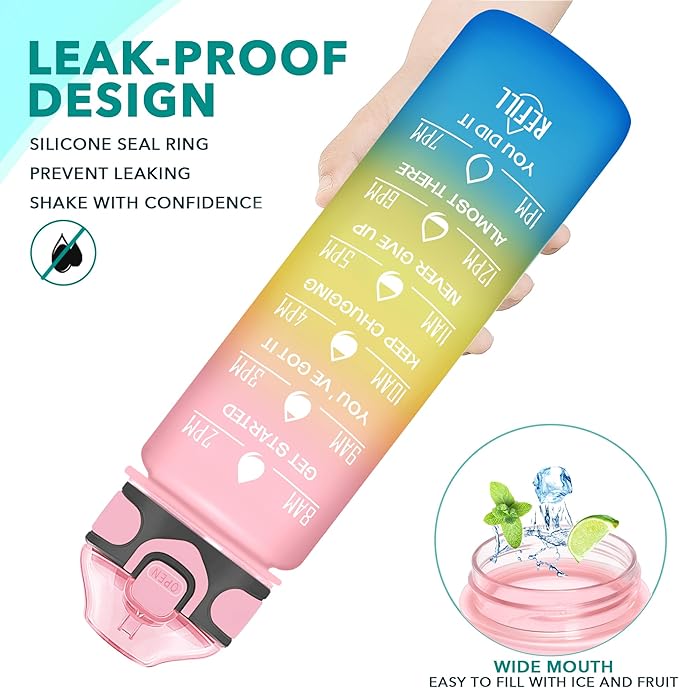 Enerbone 32 oz Drinking Water Bottle with Times to Drink and Straw, Motivational with Carrying Strap, Leakproof BPA & Toxic Free, Ensure You Drink Enough Water for Fitness Gym Outdoor