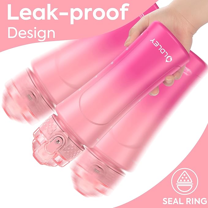 OLDLEY Kids Water Bottle with Straw 15 oz BPA-Free Leak-Proof Motivational Water Bottles with Time Marker for School Sports Travel Gym, Easy to Use for Girls Goys, 1 Straw Lid, Pink Purple