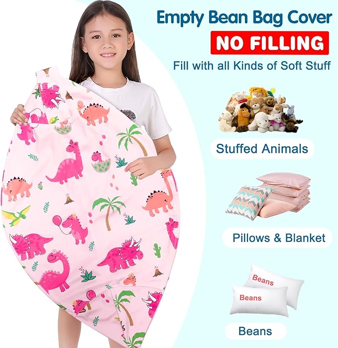 Lukeight Stuffed Animal Storage Bean Bag Chair Cover for Kids, Dinosaur Zipper Beanbag Chair Cover for Organizing Toddler and Kids' Rooms Plush Toys (Dinosaur Blush, Large)