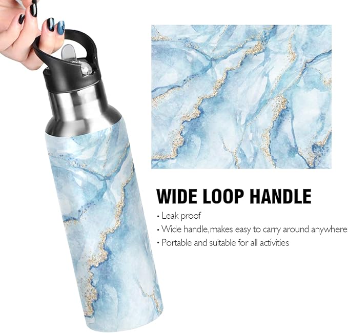 Qilmy Black and White Leopard Water Bottle Vacuum Insulated Stainless Steel Water Bottles with Straw Lid Leakproof Wide Mouth Water Flask for Fitness Outdoor Sports, 20 oz