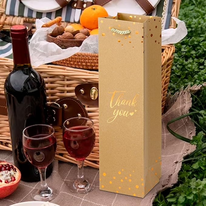 Ssyuysto 12 Pcs Wine Thank You Bags for Wine Bottles Elegant Wine Gift Bags with Metallic Gold Foil Print Kraft Paper Wine Bags with Handles for Travel(Brown)