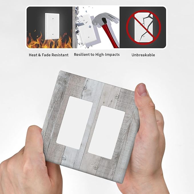 Rustic Grey Wood Shiplap 2 Gang Rocker Decora Light Switch Cover Decorative Vintage Country Outlet Covers Wall Plate Electrical Faceplate Switchcovers GFCI for Farmhouse Bathroom Bedroom Decor