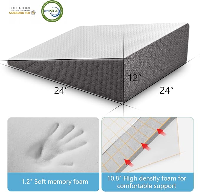 Wedge Pillow for Sleep Apnea, 12 Inch Bed Wedge Pillow for Headboard, Wedge Pillow for Acid Reflux, After Surgery, Snoring, Cooling Memory Foam Top Triangle Pillow Wedge, Removable Cover