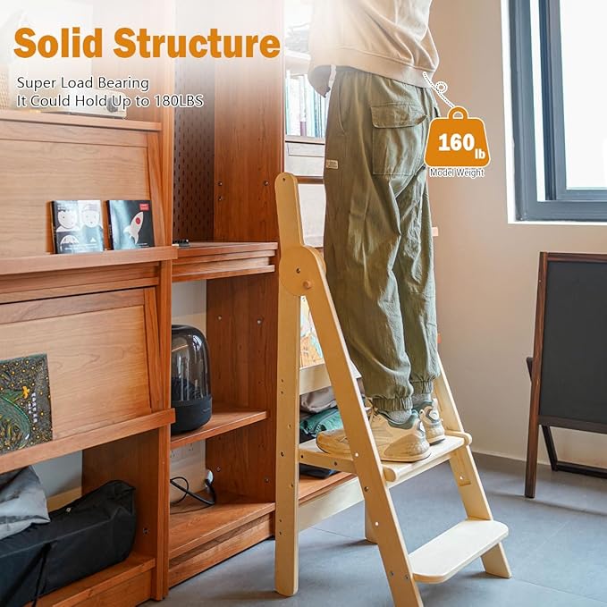 Kids Step Stool, Toddler Learning Tower, Easy Folding, Safety Rail with Lock, 3-Level Height Adjustable