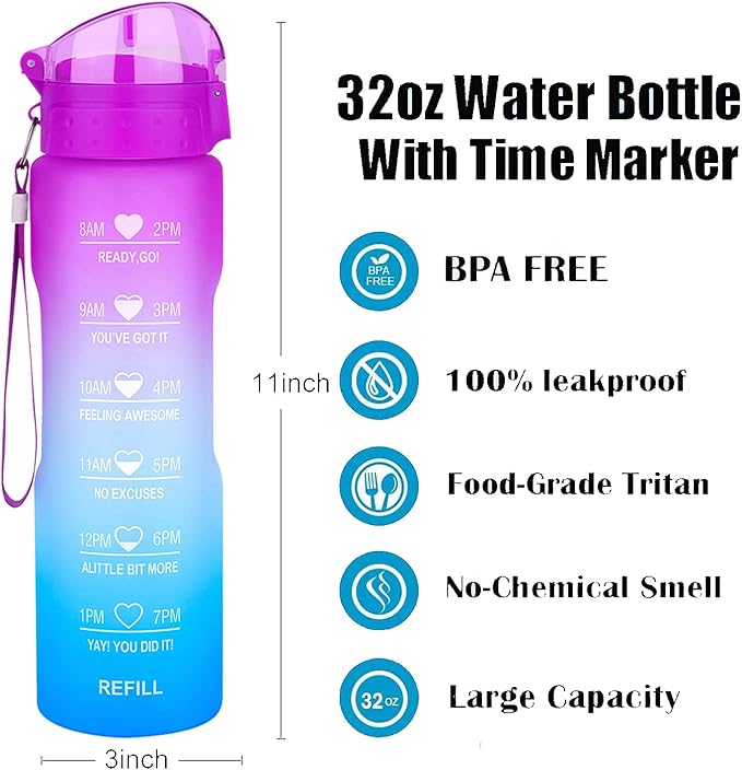 XACIOA Water Bottle with Straw,32oz Plastic Cup with Motivational Time Marker,1L Tritan Sport Lightweight Leakproof BPA-Free,Wide Mouth Fast Flow Ensure You Have Times to Drink,with Straw & Cup Brush