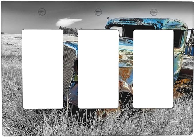 Vintage Country Old Blue Truck 3 Gang Rocker Light Switch Plate Rustic Automobile Triple Decora Outlet Wall Plate Cover Faceplate Decorative Switchcovers GFCI for Bathroom Bedroom Livingroom Decor