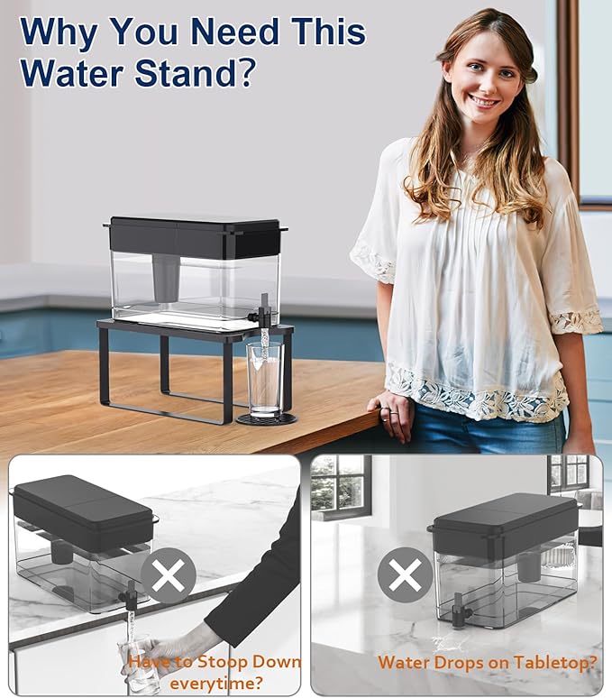Water Filter Dispenser Stand with Drip Tray - 7.7''W x 14.6''D x 6.7''H, Metal Stand Designed For Brita Water Filter, Compatible with ZeroWater, PUR, Waterdrop etc.
