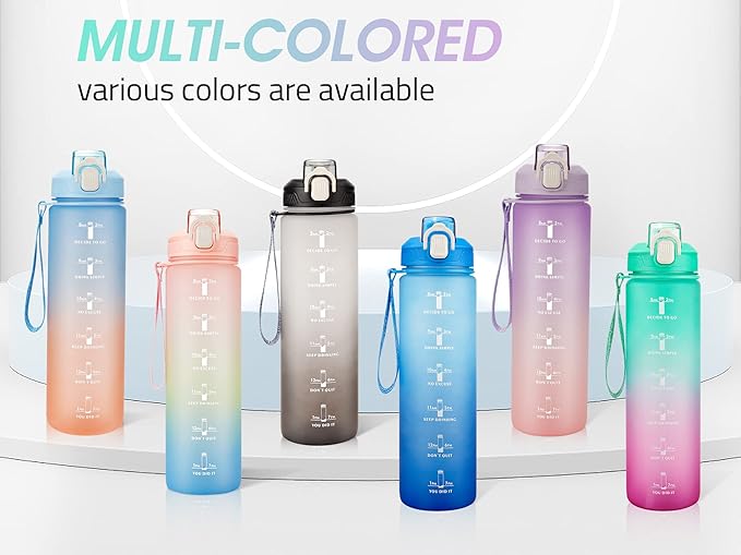 Motivational Water Bottle with Time Marker- 32oz Water Bottles with Times to Drink, Leakproof & BPA Free Sports Water Bottle with Straw & Carry Strap for Fitness, Gym, and Outdoor Sports