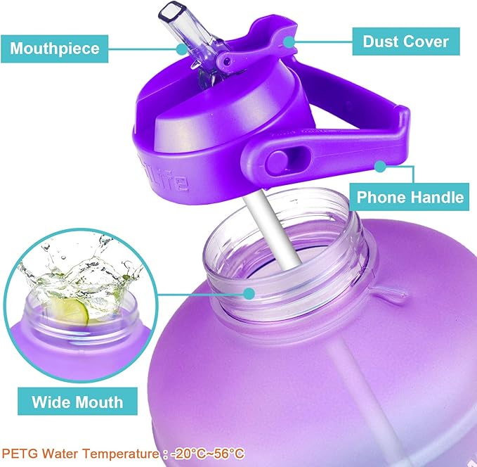 QuiFit Half Gallon Water Bottle - with Straw & Motivational Time Marker Leak-Proof BPA Free Reusable Gym Sports Outdoor Large(73OZ) Capacity Water Jug(Purple/Blue Gradient,Half Gallon)