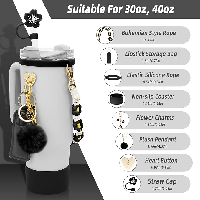 Stanley Cup Accessories Set Including 1 Pcs Water Bottle Handle Strap, 1 Pcs Siliocne Straw Cover, 1 Pcs Siliocne Stanley Cup Boot, 3 Pcs Stanley Charms for Stanley Cup 40oz & 30oz Tumbler - Black