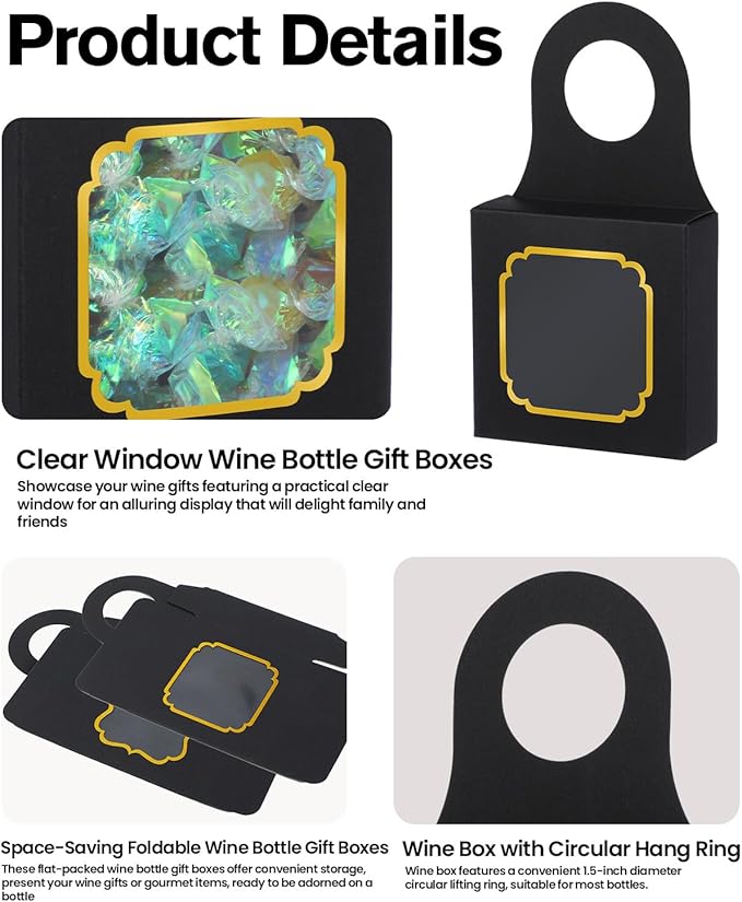 30 Pieces Wine Bottle Box with Window, Hanging Foldable Boxes for Wine, Champagne Bottle Hanger for Gifts, Empty Wine Bottles Favor for Candy Truffles Chocolate Cookies