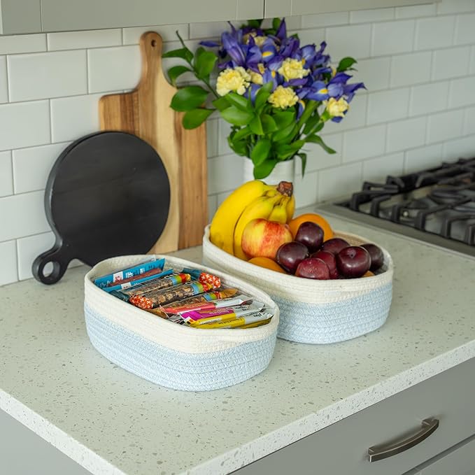 OrganiHaus Set of 5 Rectangle Bathroom Storage Baskets for Organizing, Small Woven Baskets for Storage Basket for Bathroom, Nursery Storage Basket for Baby Nursery Organization, Cute Bins, Blue/White
