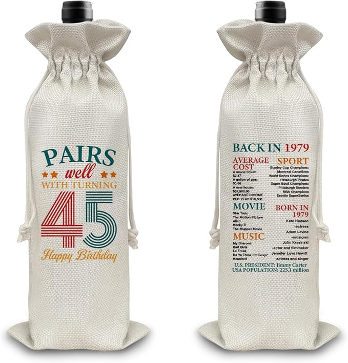 45th Birthday Gifts Wine Bag Congratulations Gifts for Women Men Parents Mom Dad Anniversary Favors 1979 with Time Information Wine Gift Bag