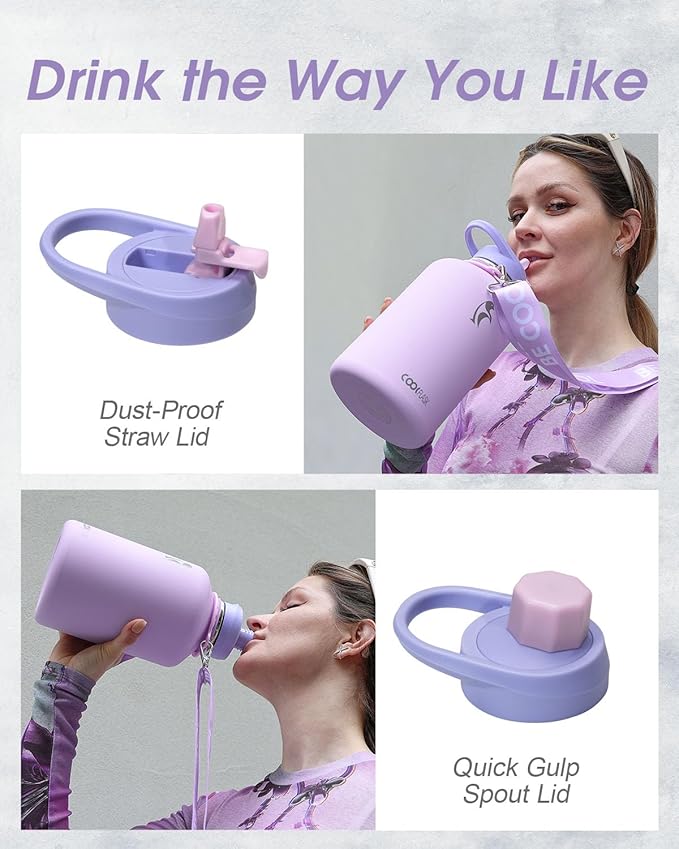 Coolflask Half Gallon Water Bottle with Strap, 64oz Insulated Water Jug Stainless Steel with Straw & Spout Lids, Metal Large Water Flask, Keep Cold 48h Hot 24h, Leak Proof & Non-BPA, Lavender