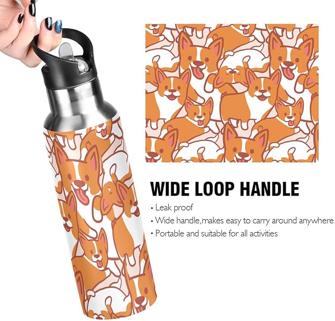 Cute Puppy Corgi Sports Water Bottle, Double Wall Vacuum Insulated Stainless Steel Water Bottle with Straw Keeps Hot and Cold, Bike Running Sports Travel Gym 20oz